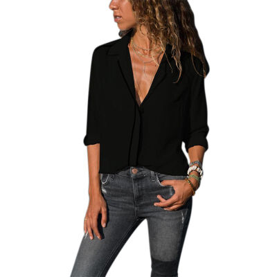 

European And American Best Selling Lapels Slim Chiffon Stitching Long-sleeved Shirt Top