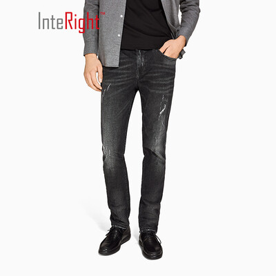 

INTERIGHT jeans mens trend Slim hole punk style fashion jeans dark gray 34 yards XL