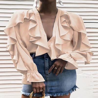 

Elastic Cuffs Solid Flounce V-neck Bishop Long Sleeves Shirt
