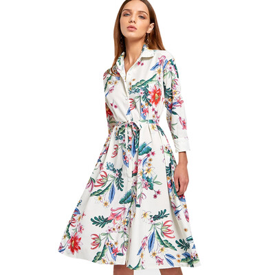 

Floral Long Sleeve Belted Shirt Dress