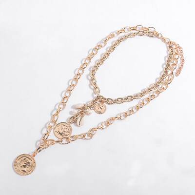 

3 Multi Layer Long Adjustable Chain Pendant Choker Shell Necklace Fashion Coin Rune Queen Jewelry Female Women Gift