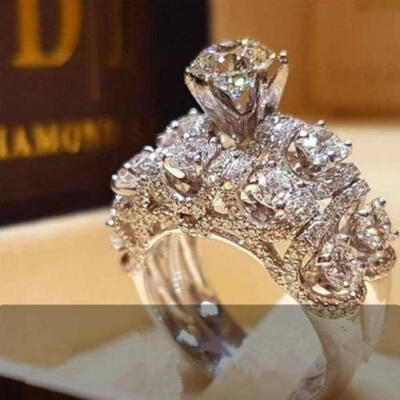 

2PCSSet White Sapphire Birthstone Wedding 925 Silver Ring Jewelry Size 6-10
