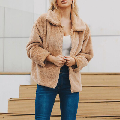 

Womens Winter Warm Fluffy Plush Coats Long Sleeve Lapel Button Jackets Overcoats