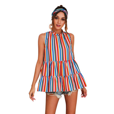 

Womens Sleeveless Color Stripe Panel Loose Top T-Shirt