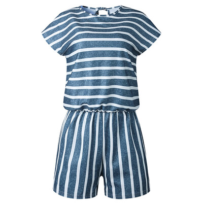 

Womens Striped Short Sleeve O-Neck Loose Lace Up Backless Playsuit
