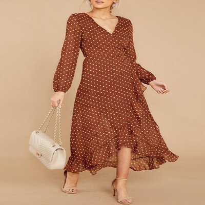 

Polka Dots Printed V-neck Long Sleeves Trim Ruched Maxi Dress