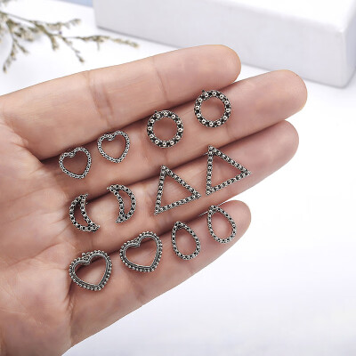 

E029 6Pairs Lotus Heart Wings Leaf Unique Design Vintage Small Stud Earrings Set For Women Punk Geometric Animal Ear Aros