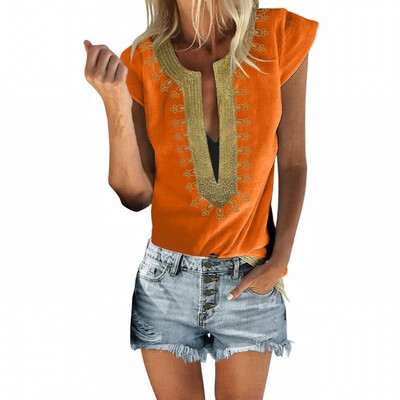 

Stand collar shirt womens slim printed short-sleeved vest top