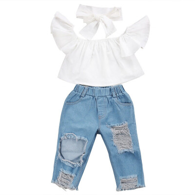 

3PCS Toddler Girls Kids Off Shoulder Tops Denim Pants Outfits Clothes