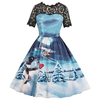 

Round Collar Short Sleeve Spliced Lace Christmas Print A-line Women Dress