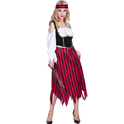 

Women Halloween Medieval Pirate Costume Sexy Striped Dress Headband Kit Masquerade Cosplay Party Performance Clothes Props