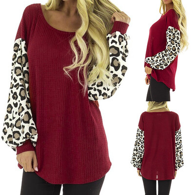 

Nomeni Womens Leopard O-neck Long Sleeve Tops Blouse Shirts Patchwork Tops