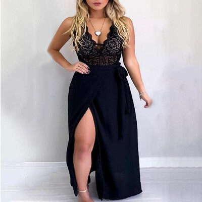 

2019 speed sells wish explosion models Europe&America lace sexy split strap belt dress spot black