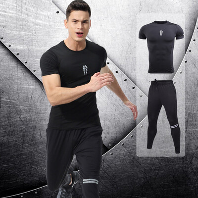 

Toponeto Mens Elastic Fitness T-shirt Fast Drying Tops Long Pants Sports Tight Suit
