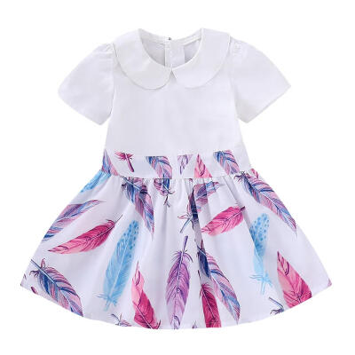 

Summer Cute Doll Collar Feather Print Dresses Girl Kids Back Zipper Clothes