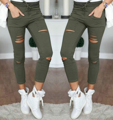 

Women Skinny Faded Ripped Holes Denim Jeans Nith Pants High Waist Stretch Slim Fit Pencil Trousers Leggings