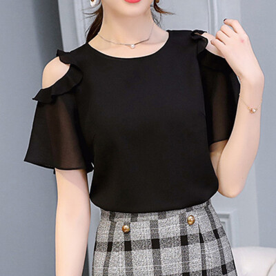 

Starmoon Women Work Office Off Shoulder Ruffles Short Sleeve Solid Chiffon Plus Shirt Top