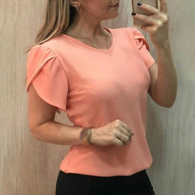 

Womens Bell Short Sleeve Ruffled Crew Neck Blouse Tops T-Shirt Teal  M L USA