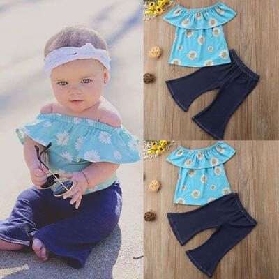 

Toddler Kids Baby Girl Daisy Off Shoulder Tops T-shirt Wide Leg Pants Outfits Clothes Set