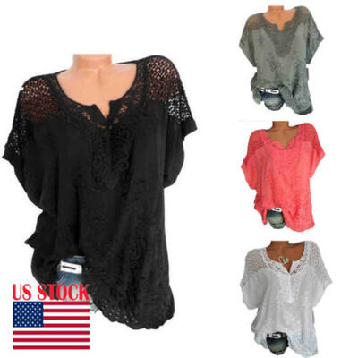 

Women V-Neck Short Sleeve Hollow Out Casual Blouse Loose Tops Summer T-Shirt US