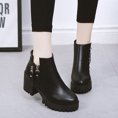 

Spring Autumn&Winter 2018 Shoes with Rough Heels Martin Boots Waterproof Platform High-heeled Womens Shoes