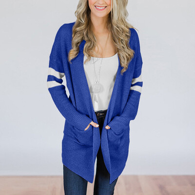 

Roseonmyhand Women Striped Long Sleeve Knitted Sweater Pockets Long Cardigan Top Coat Outwear