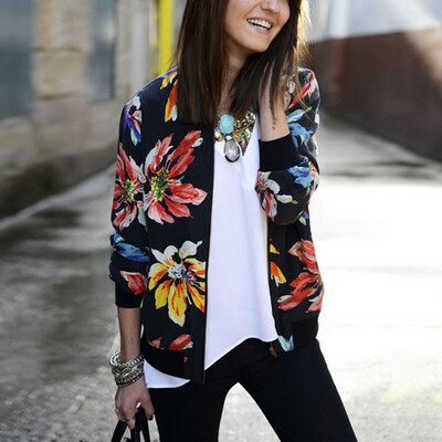

Womens Autumn Warm Outwear Coat Long Sleeve Crew Neck Floral Print Bomber Jacket