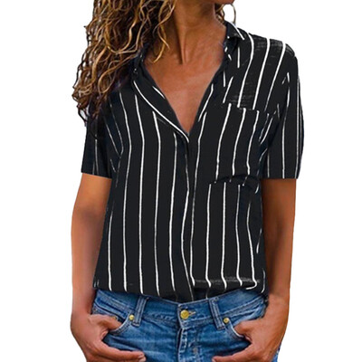 

Roseonmyhand Women V-neck Shirt Casual Short Sleeve T Shirt Ladies Printed Striped Blouse