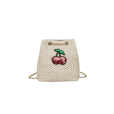 

Cherry Decor Shoulder Handbags Women Straw Woven Chain Crossbody Bucket Bag