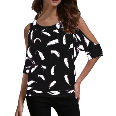 

Summer Sexy Top Women Round Collar Off-shoulder Feather Print Loose Short Sleeve Casual Wild T-Shirt camisetas verano mujer