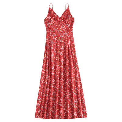 

Spaghetti Strap Dress Flounce Backless Split High-waisted Floral Print
