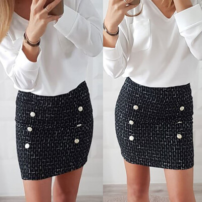 

Roseonmyhand Women Sexy Solid Button High Waist Zipper Pencil Mini Skirt
