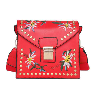 

Women Rivet Flower Embroideried Shoulder Bags Leather Flap Crossbody Bag