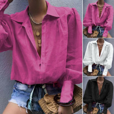 

Women Chiffon Long Sleeve Loose T-Shirt Ladies Summer Casual Buttons Blouse Tops
