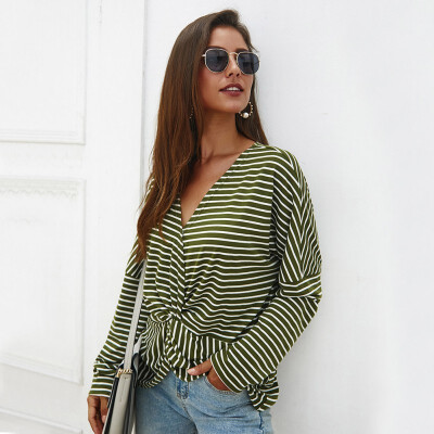 

Women Loose V Collar Summer Cartoon Stripes Print Loose Long Sleeve Casual Simple Wild T-Shirt