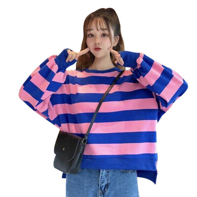 

2019 New Hot Sale Women Autumn Spring Stripes Print Slim Sweatshirts Long Sleeved Round Collar Slim Casual Sweatshirts