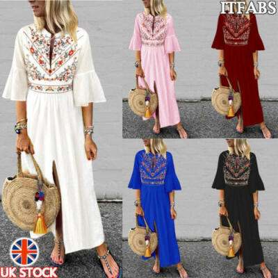 

Women Flared Sleeve Casual Floral Print Shirt Dress Long Maxi Dress Plus UK 6-22