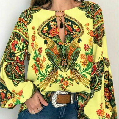 

Women Boho Floral Print Long Sleeve Tops Oversize Loose Tunic Top Blouse T-Shirt