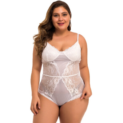 

Gobestart New One Piece Women Plus Size Mesh Lace V-Neck Teddy Lingerie Jumpsuit Underwear