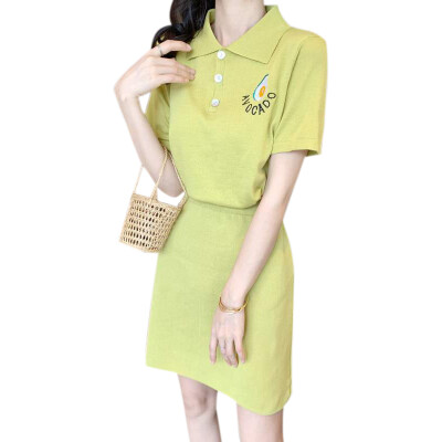 

Women Two Piece Fashion Casual Green T-shirts&skirt Set Slim Fit Sexy Lapel All-match Solid Color Skirt Set