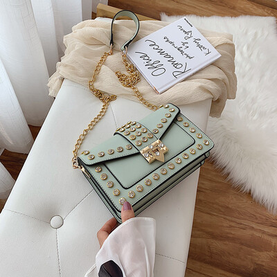 

New style ladies bag fashion rivet diamond rhinestone small square bag shoulder slung wild chain bag