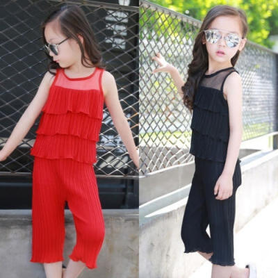 

Fashion 2PCS Baby Girl Clothes Outfits Sleeveless Ruffle Blouse TopsLong Pants Set Toddler New Summer Clothing