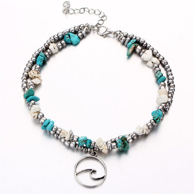 

AliExpress Europe&America Fashion Double Anklet Irregular Natural Turquoise Mizhu Yoga Beach Pendant Anklet