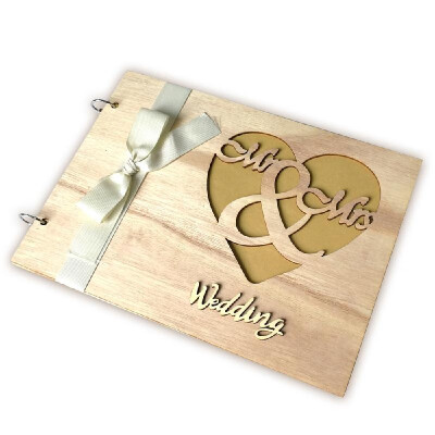 

Handmade Mr & Mrs Love Wedding Guest Book Wooden DIY Signature Sign-in Book with Ribbon Decoration Bridal Engagement Present