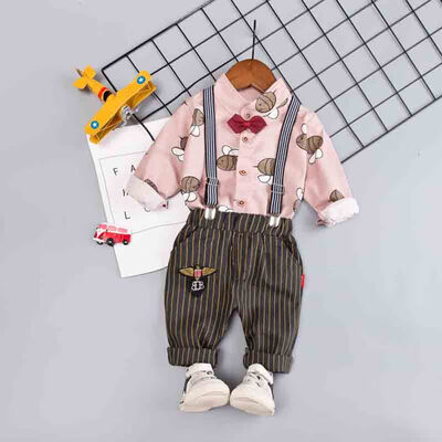 

Toddler Newborn Boy Autumn Outfits Long Sleeve Animal Print TopStrap Striped Trousers Casual Sets