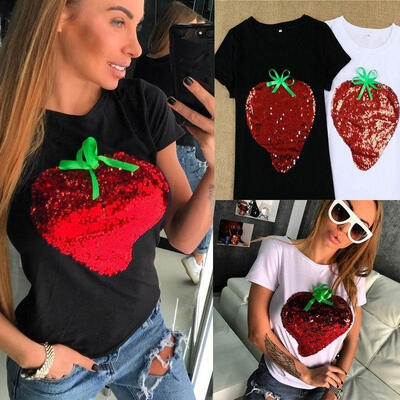 

Summer Womens Sequins Casual Short Sleeve Tops Shirt Loose T-shirt Blouse Cotton