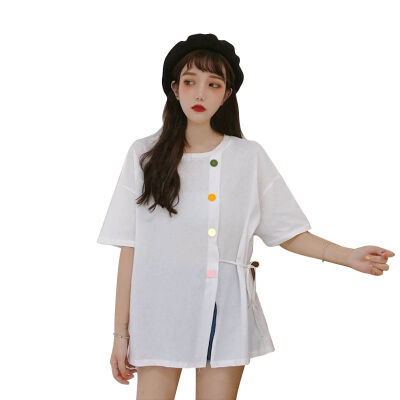 

Loose Fashion Split Short-sleeved T-shirt Female Student Color Button Half-sleeved Shirt