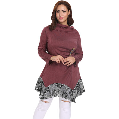 

Funnel Collar Long Sleeve Spliced Lace Asymmetric Plus Size Women T-shirt