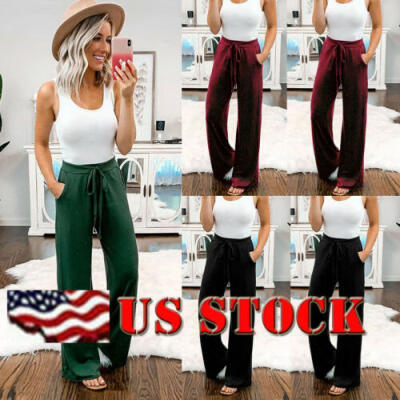 

Womens Summer Beach High Waist Lace-up Long Pants Casual Straight Loose Trousers