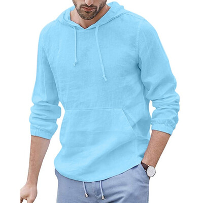 

Toponeto Mens Baggy Cotton Linen Hooded Pocket Solid Long Sleeve Retro T Shirts Tops